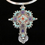 “Matl” Sterling Silver, Amethyst, Turquoise and Coral Cross Pin / Pendant