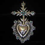 Sacred Heart Sterling Silver Repousse Pin/Pendant with Cross & Turquoise Accents