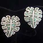 Manuel Porcayo of Taxco Original Design Sterling Silver & Mexican Malachite Leaf Clip Earrings