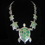 Original Design Sterling Silver & Mexican Malachite Necklace with Turtle Motif by Manuel Porcayo