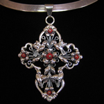 Traditional Mexican Colonial Sterling Silver & Red Coral Filigree Cross Pendant