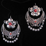 Mexican Sterling Silver Filigree Hoop Earrings with Red Coral Accents