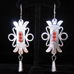 Aztec Motif Traditional Mexican Sterling Silver Filigree Earrings with Red Coral