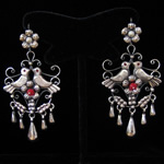 Traditional Large Arracada Mexican Filigree Earrings Featuring Love Birds with Coral & Pearl Accents