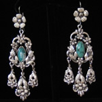 Ornate Colonial Baroque Mexican Sterling Silver & Turquoise Filigree Earrings