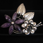 Large Dramatic Vintage Mexican Pre-Eagle Silver & Amethyst Floral Brooch