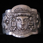 Maciel Style Vintage Silver Repousse Cuff Bracelet with Aztec God