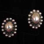 Vintage Silver Mexican Earrings - Oval with Dot Border