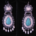 Turquoise & White Seed Pearls Teardrop Filigree Earrings from Oaxaca, Mexico